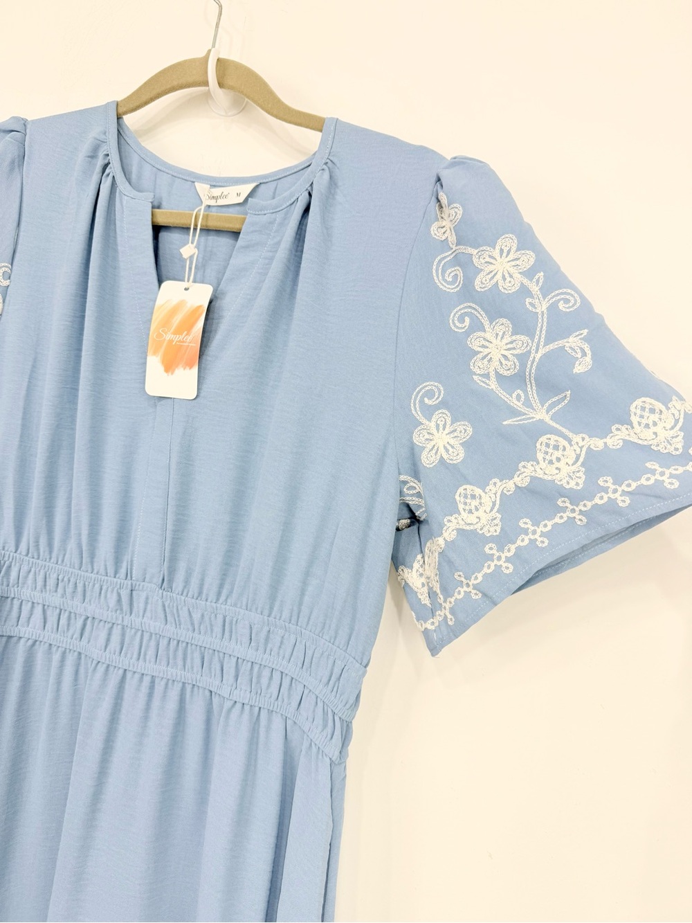 Simplee Blue White Floral Embroidery V Neck Smock Waist Short Sleeve Maxi Dress - Picture 3 of 13
